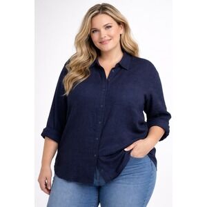 Susan Graver Navy Linen Viscose Shirt Top XL Petite Boho Coastal Lagenlook Chic